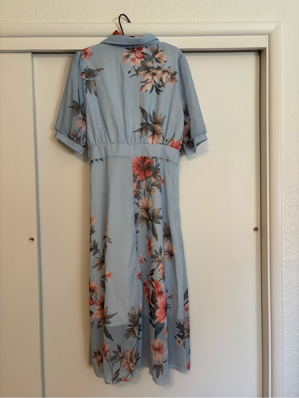 Light Blue Floral Wrap Dress with Tie Waist - Picture 3 of 4